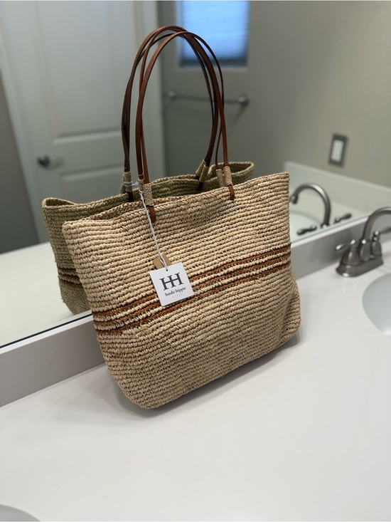 Haute Hippie Handbags - NWT Haute Hippie Natural Straw Tote with Brown Stripe and Brown Leather Handles
